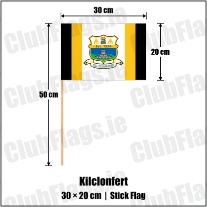 Kilclonfert 20cm x 30cm Stick Flag with the club crest and colours, Offaly GAA - ClubFlags.ie