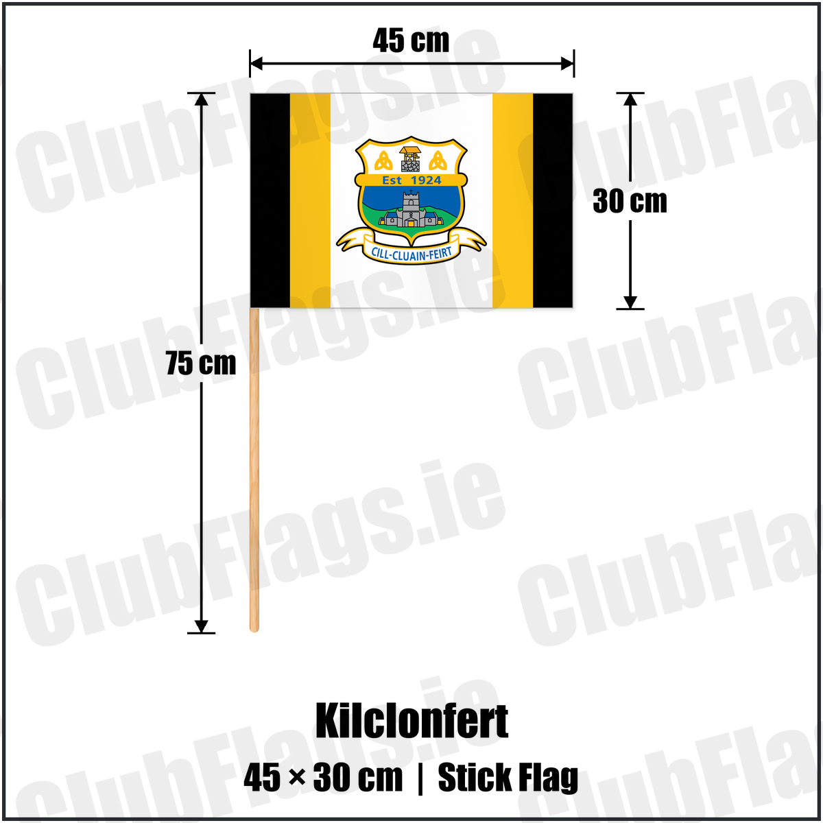 Kilclonfert 30cm x 45cm Stick Flag with the club crest and colours, Offaly GAA - ClubFlags.ie