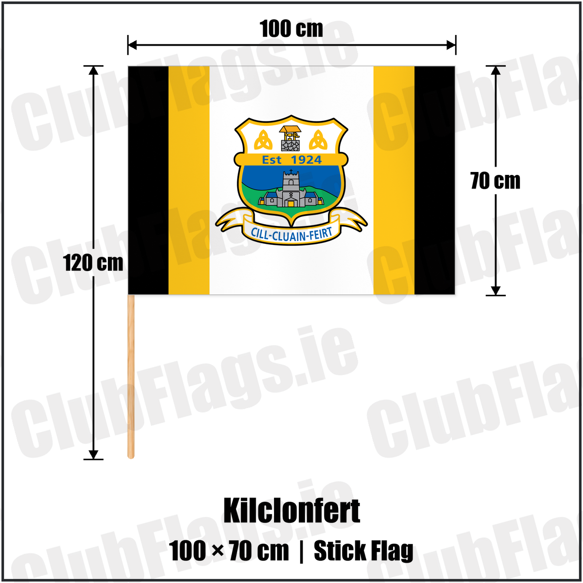 Kilclonfert 70cm x 100cm Stick Flag with the club crest and colours, Offaly GAA - ClubFlags.ie