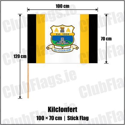 Kilclonfert 70cm x 100cm Stick Flag with the club crest and colours, Offaly GAA - ClubFlags.ie