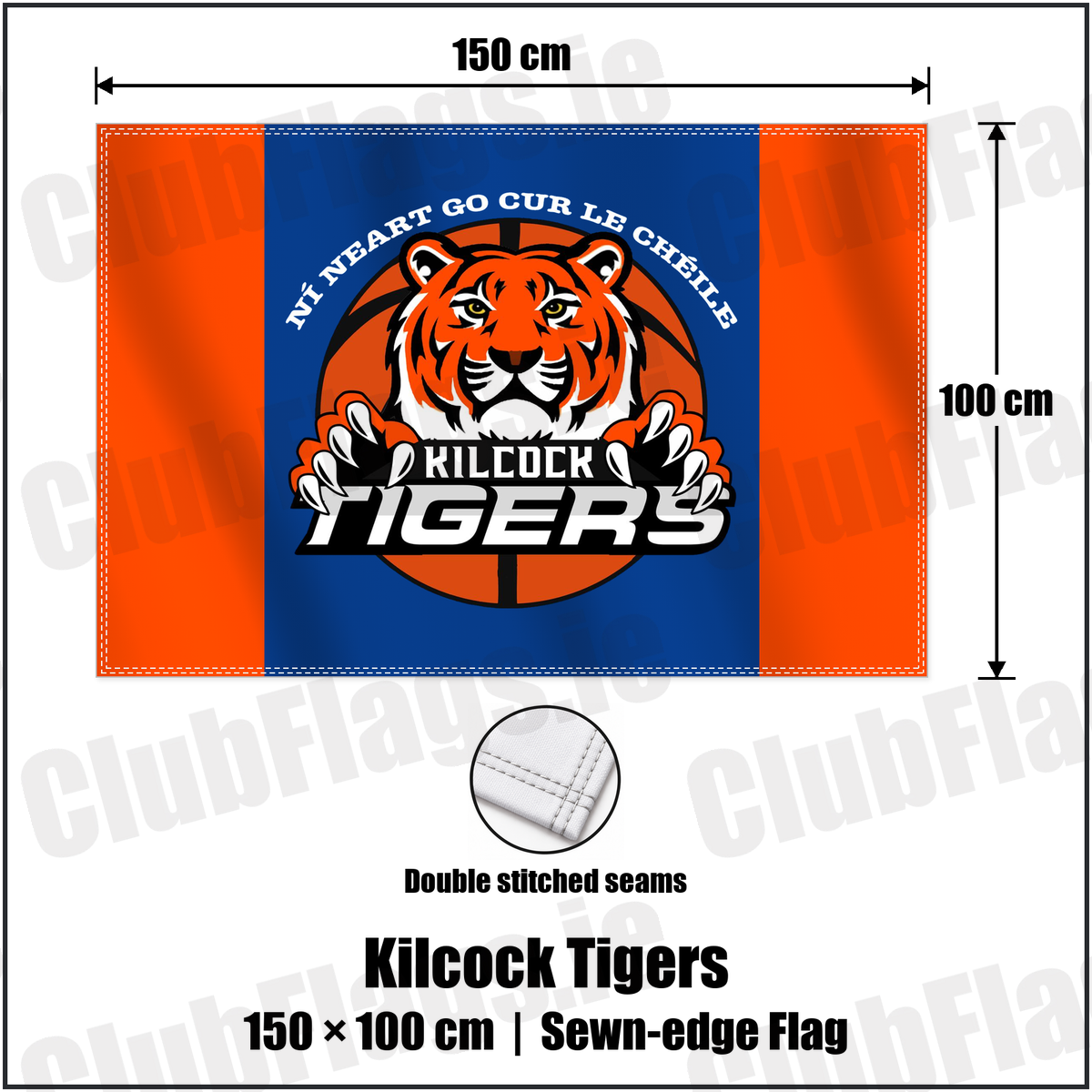 Kilcock Tigers 100cm x 150cm Flag (sewn on the edges) with the club crest and colours, Kildare Basketball - ClubFlags.ie