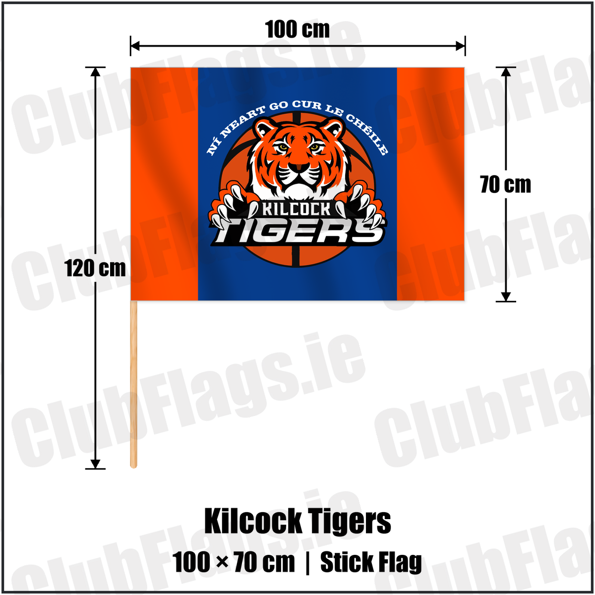 Kilcock Tigers 70cm x 100cm Stick Flag with the club crest and colours, Kildare Basketball - ClubFlags.ie