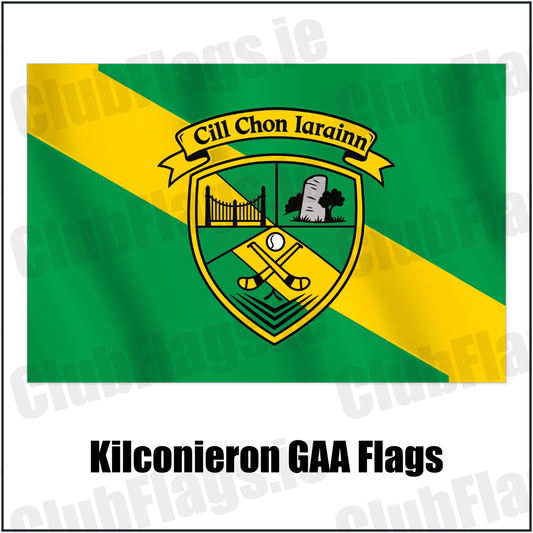 Kilconieron GAA Flags in green and gold with the supplied club crest, Galway GAA - ClubFlags.ie
