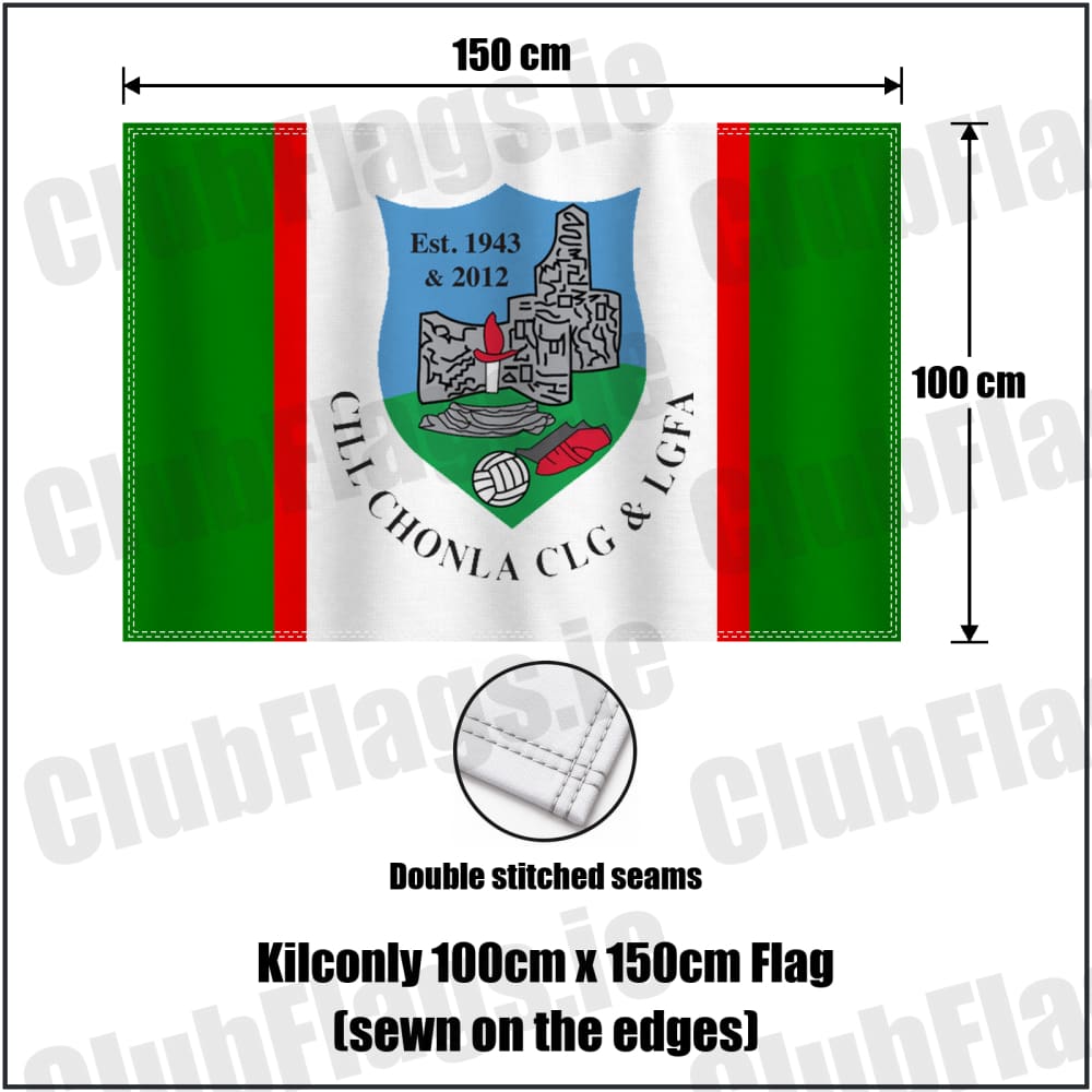 Kilconly 100cm x 150cm Flag (sewn on the edges) in green and red and white, featuring the club crest on realistic fabric with gentle vertical folds; County Galway GAA. ClubFlags.ie.