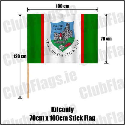 Kilconly 70cm x 100cm Stick Flag in green and red and white, featuring the club crest on realistic fabric with gentle vertical folds; County Galway GAA. ClubFlags.ie.