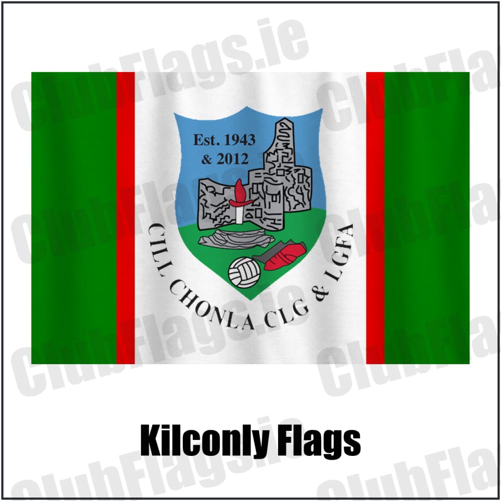 Kilconly Flags in green and red and white, featuring the club crest on realistic fabric with gentle vertical folds; County Galway GAA. ClubFlags.ie.