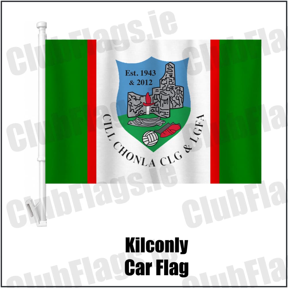 Kilconly Car Flag in green and red and white, featuring the club crest on realistic fabric with gentle vertical folds; County Galway GAA. ClubFlags.ie.