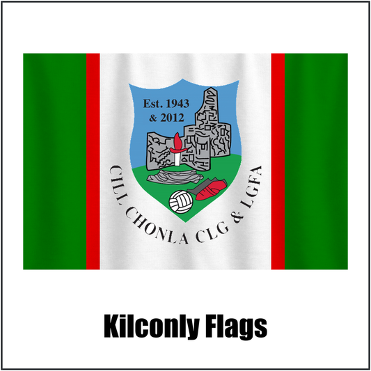 Kilconly Flags, featuring the club crest and green and red and white colours; County Galway GAA. ClubFlags.ie.