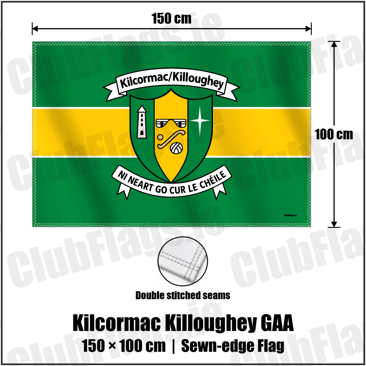 Kilcormac Killoughey GAA 100cm x 150cm Flag (sewn on the edges) with the verified club crest and colours, Cavan GAA - ClubFlags.ie
