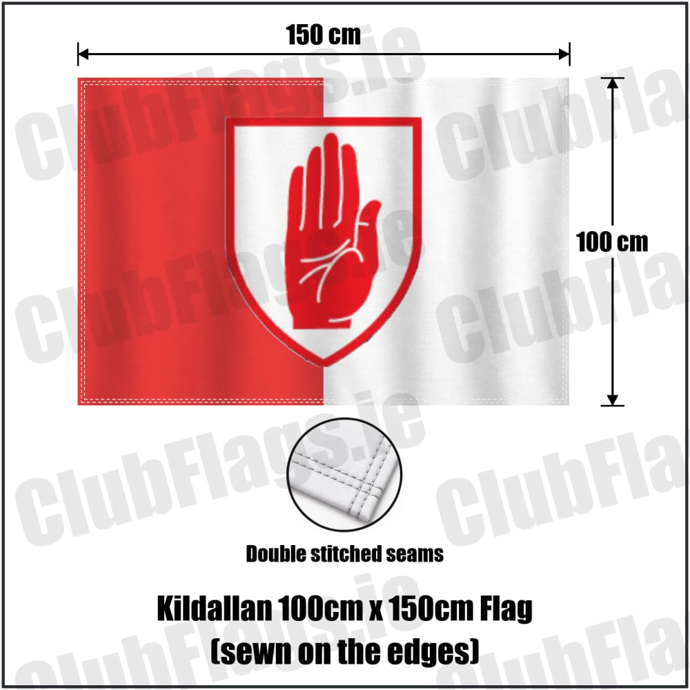 Kildallan 100cm x 150cm Flag (sewn on the edges) in red and white, featuring the club crest on realistic fabric with gentle vertical folds; County Cavan GAA. ClubFlags.ie.