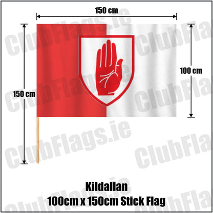 Kildallan 100cm x 150cm Stick Flag in red and white, featuring the club crest on realistic fabric with gentle vertical folds; County Cavan GAA. ClubFlags.ie.