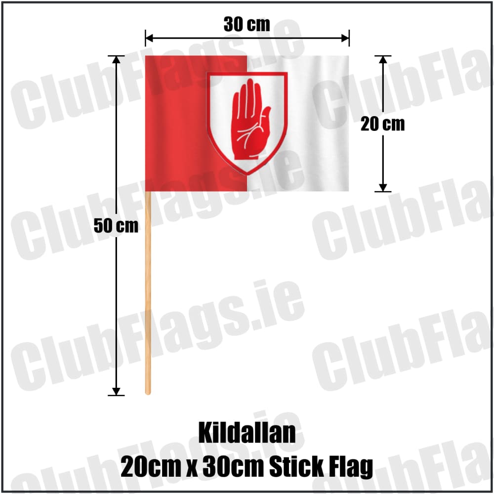 Kildallan 20cm x 30cm Stick Flag in red and white, featuring the club crest on realistic fabric with gentle vertical folds; County Cavan GAA. ClubFlags.ie.