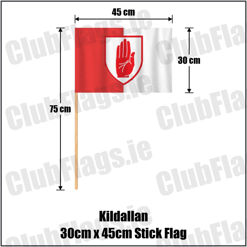 Kildallan 30cm x 45cm Stick Flag in red and white, featuring the club crest on realistic fabric with gentle vertical folds; County Cavan GAA. ClubFlags.ie.