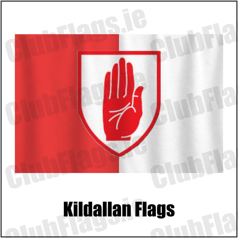 Kildallan Flags in red and white, featuring the club crest on realistic fabric with gentle vertical folds; County Cavan GAA. ClubFlags.ie.