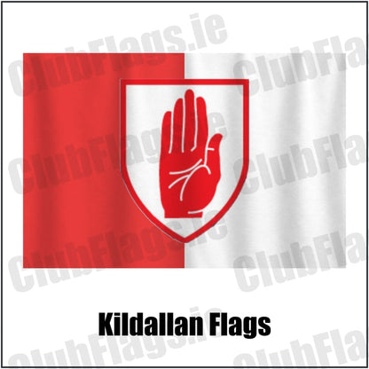Kildallan Flags in red and white, featuring the club crest on realistic fabric with gentle vertical folds; County Cavan GAA. ClubFlags.ie.