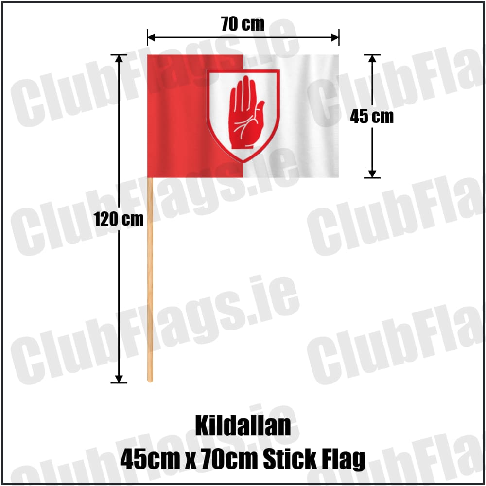 Kildallan 45cm x 70cm Stick Flag in red and white, featuring the club crest on realistic fabric with gentle vertical folds; County Cavan GAA. ClubFlags.ie.