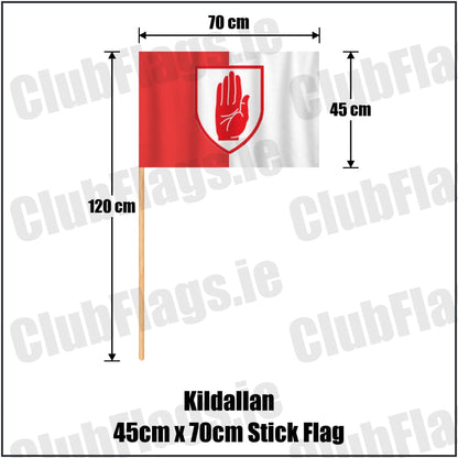 Kildallan 45cm x 70cm Stick Flag in red and white, featuring the club crest on realistic fabric with gentle vertical folds; County Cavan GAA. ClubFlags.ie.