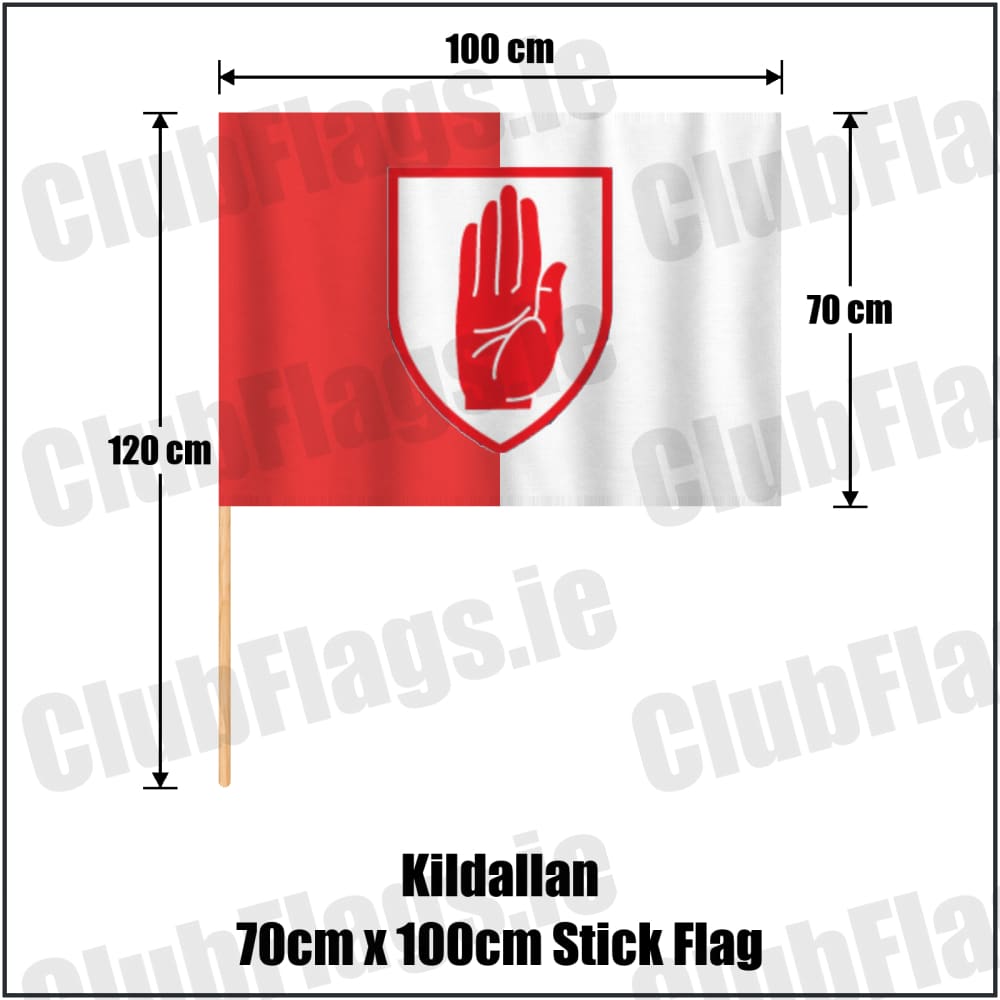 Kildallan 70cm x 100cm Stick Flag in red and white, featuring the club crest on realistic fabric with gentle vertical folds; County Cavan GAA. ClubFlags.ie.