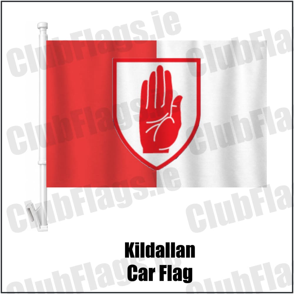 Kildallan Car Flag in red and white, featuring the club crest on realistic fabric with gentle vertical folds; County Cavan GAA. ClubFlags.ie.