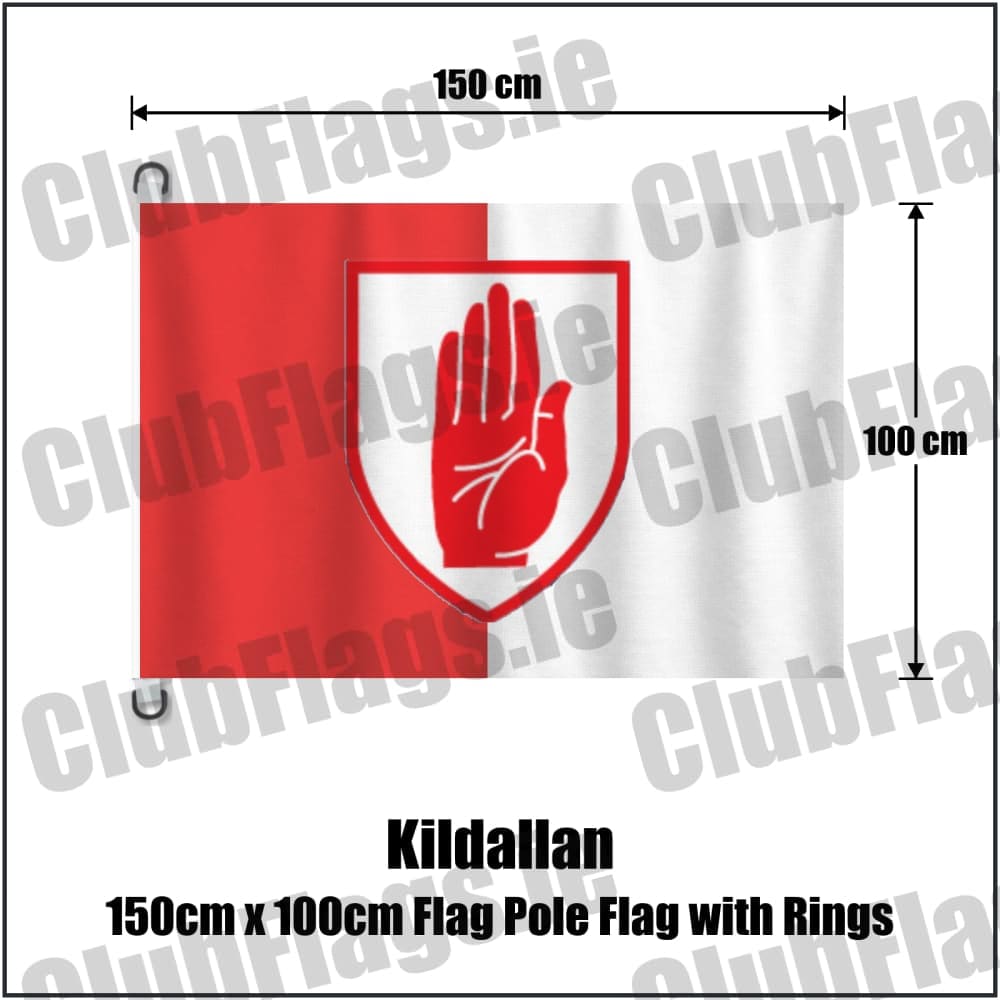 Kildallan 150cm x 100cm Flag Pole Flag with Rings in red and white, featuring the club crest on realistic fabric with gentle vertical folds; County Cavan GAA. ClubFlags.ie.
