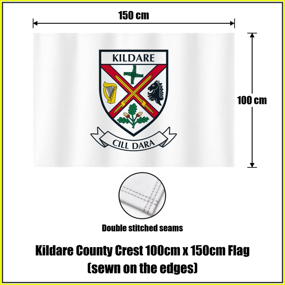 Kildare county crest 100 × 150 cm sewn-edge flag in white, with dimension arrows and a double-stitch seam close-up.