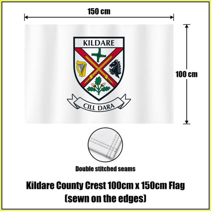 Kildare county crest 100 × 150 cm sewn-edge flag in white, with dimension arrows and a double-stitch seam close-up.