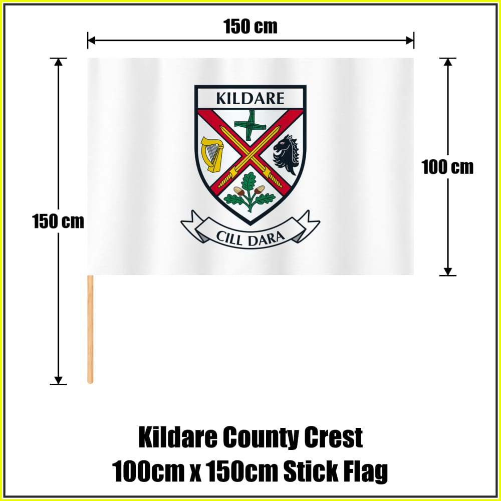 Kildare county crest 100 × 150 cm stick flag in white, with a 150 cm wooden stick and dimension arrows.