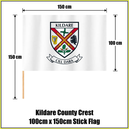 Kildare county crest 100 × 150 cm stick flag in white, with a 150 cm wooden stick and dimension arrows.