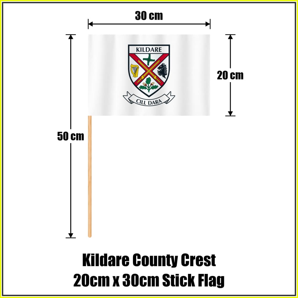 Kildare county crest 20 × 30 cm stick flag in white, with a 50 cm wooden stick and dimension arrows.