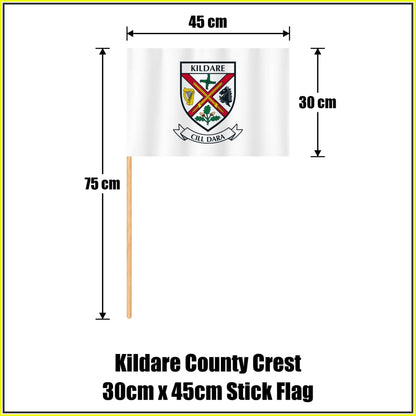 Kildare county crest 30 × 45 cm stick flag in white, with a 75 cm wooden stick and dimension arrows.