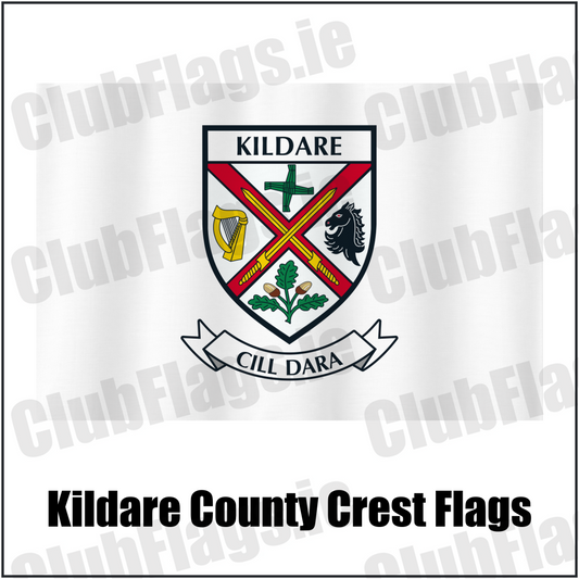 Kildare county crest flag in white, with county name and crest.