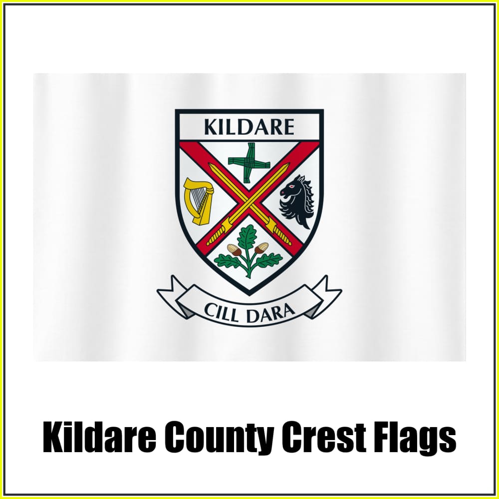 Kildare county crest flag in white, with county name and crest.