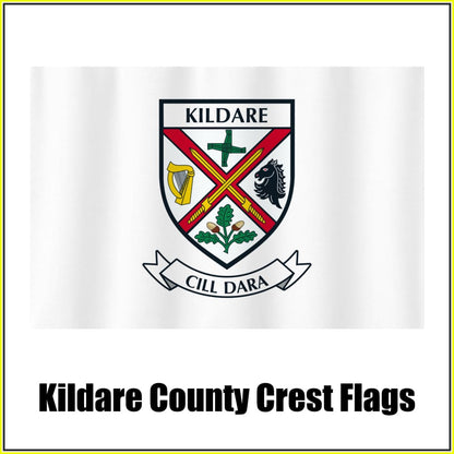 Kildare county crest flag in white, with county name and crest.