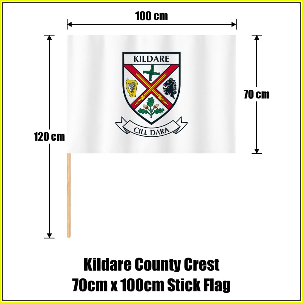 Kildare county crest 70 × 100 cm stick flag in white, with a 120 cm wooden stick and dimension arrows.