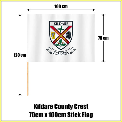 Kildare county crest 70 × 100 cm stick flag in white, with a 120 cm wooden stick and dimension arrows.
