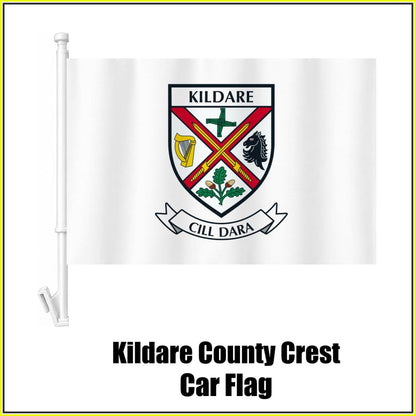 Kildare county crest car flag in white, on a white plastic window mount.