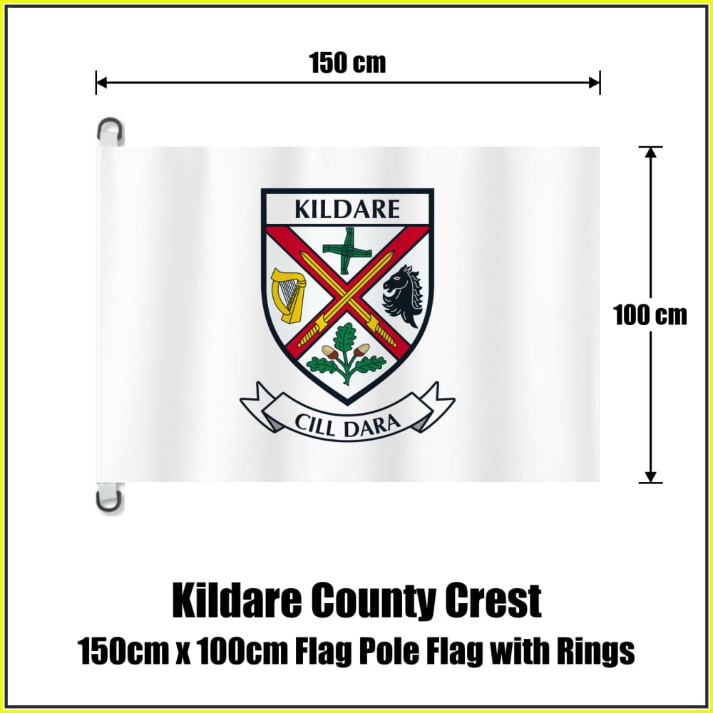 Kildare county crest flag, 150 cm wide × 100 cm high, in white, with two dark attachment rings on white tabs and no pole.