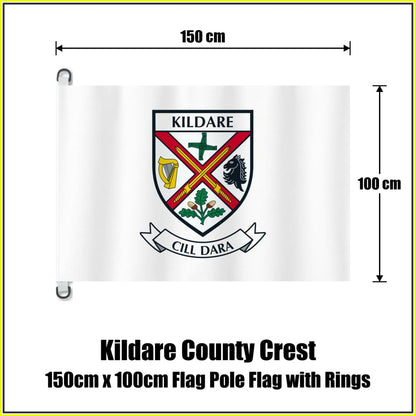 Kildare county crest flag, 150 cm wide × 100 cm high, in white, with two dark attachment rings on white tabs and no pole.