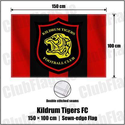 Kildrum Tigers FC 100cm x 150cm Flag (sewn on the edges) with the club crest and colours, Donegal Football - ClubFlags.ie
