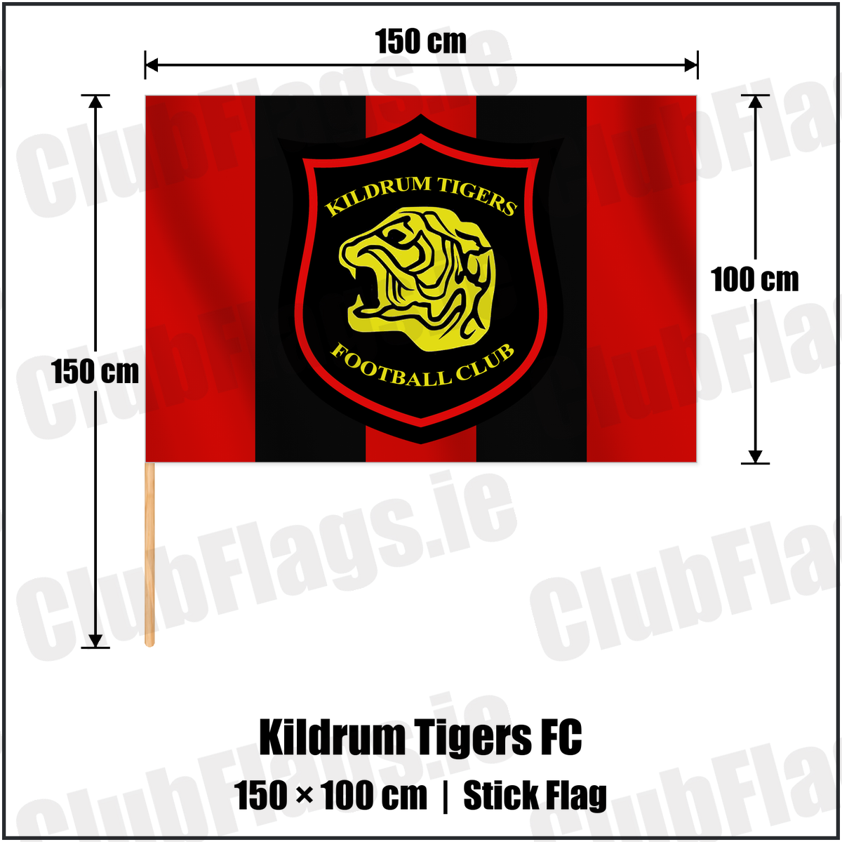 Kildrum Tigers FC 100cm x 150cm Stick Flag with the club crest and colours, Donegal Football - ClubFlags.ie