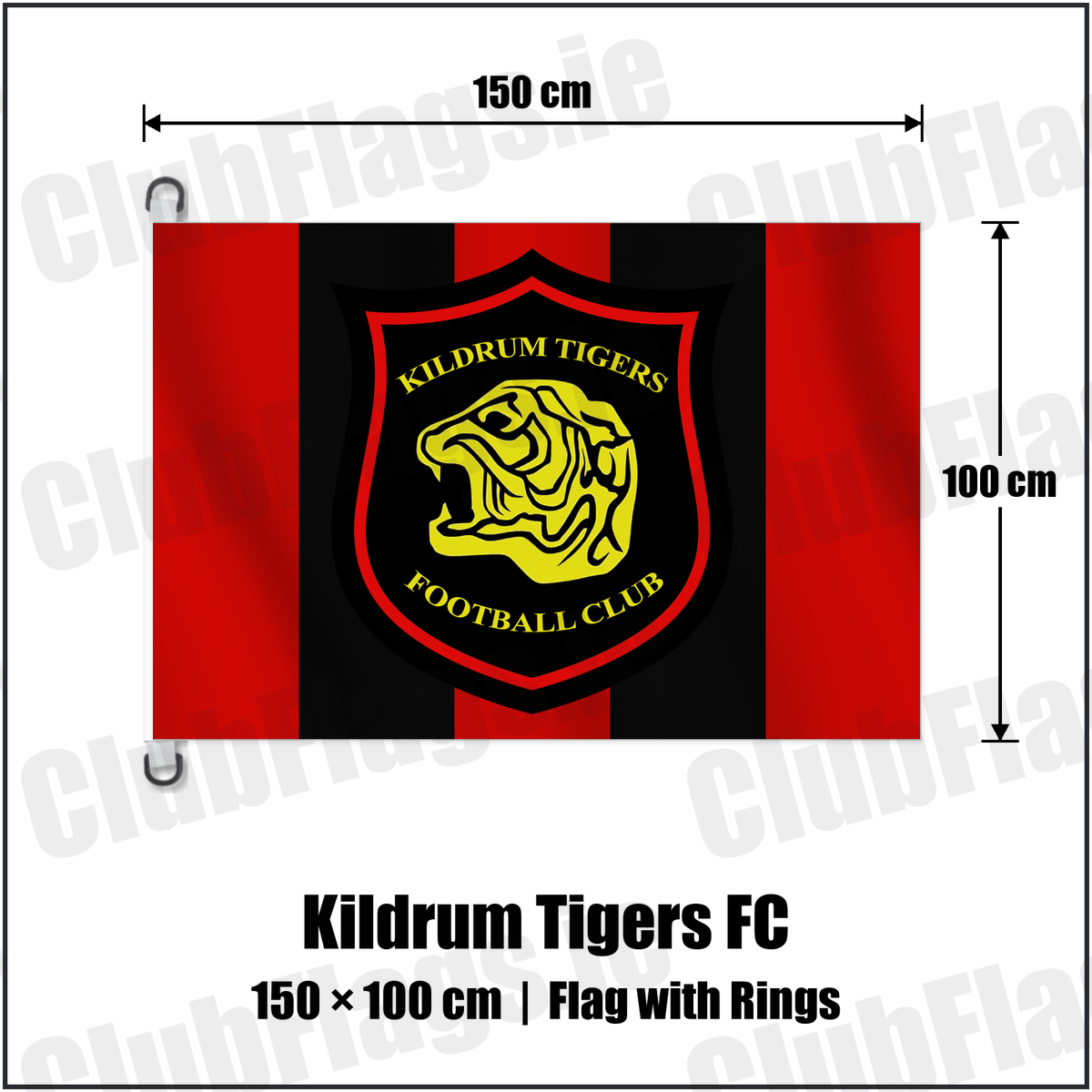 Kildrum Tigers FC 150cm x 100cm Flag Pole Flag with Rings with the club crest and colours, Donegal Football - ClubFlags.ie