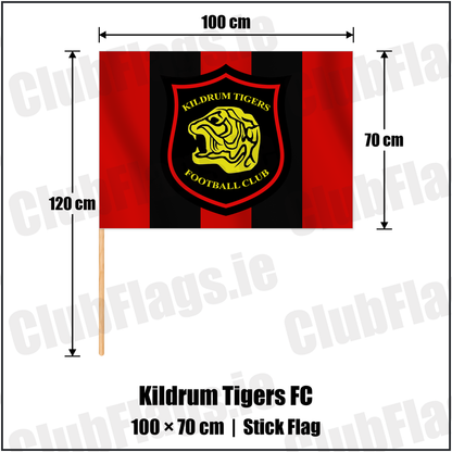 Kildrum Tigers FC 70cm x 100cm Stick Flag with the club crest and colours, Donegal Football - ClubFlags.ie
