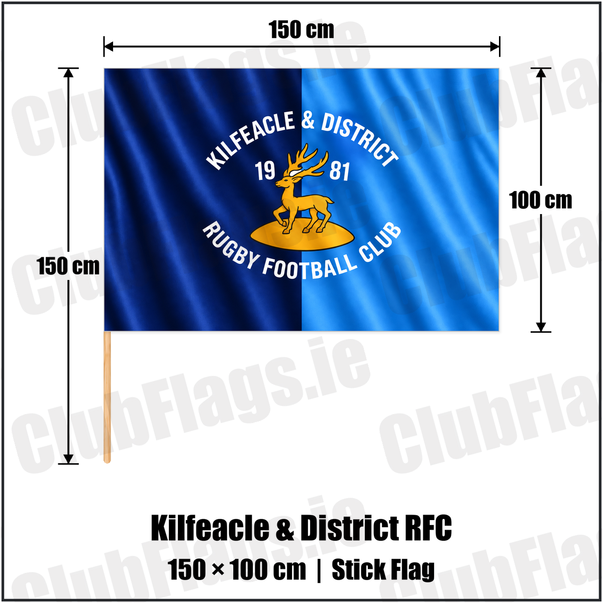 Kilfeacle & District RFC 100cm x 150cm Stick Flag with the verified club crest and colours, Tipperary Rugby - ClubFlags.ie