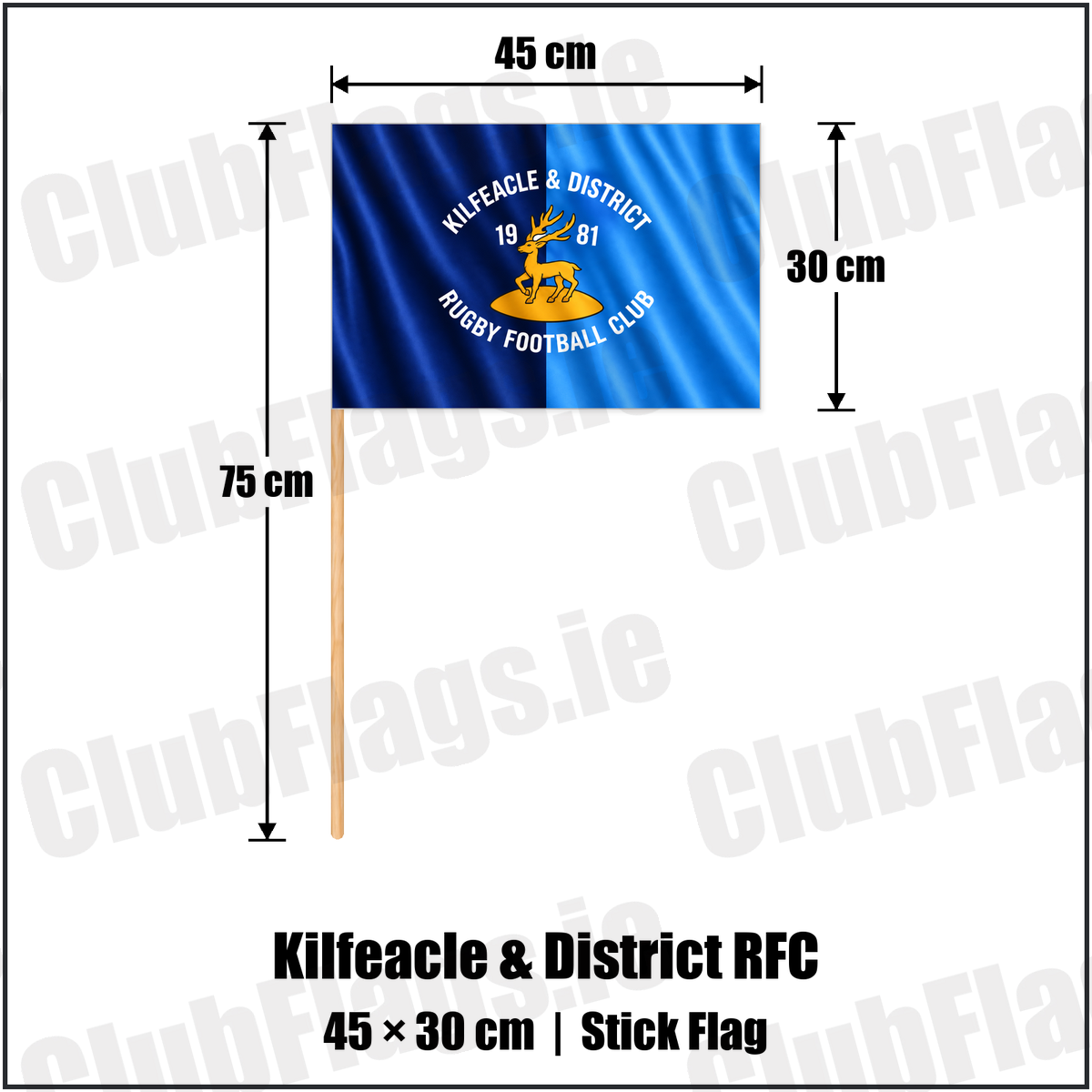 Kilfeacle & District RFC 30cm x 45cm Stick Flag with the verified club crest and colours, Tipperary Rugby - ClubFlags.ie
