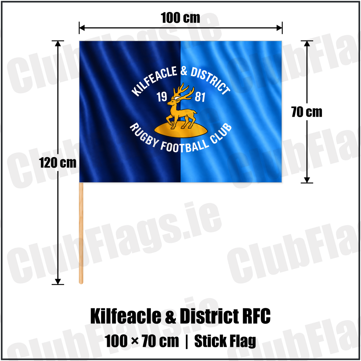 Kilfeacle & District RFC 70cm x 100cm Stick Flag with the verified club crest and colours, Tipperary Rugby - ClubFlags.ie