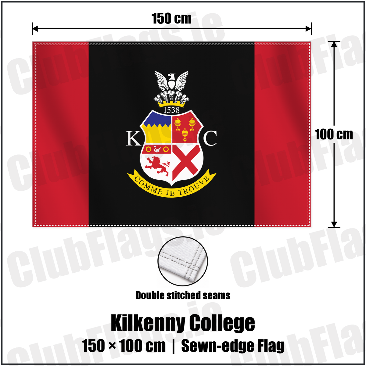 Kilkenny College 100cm x 150cm Flag (sewn on the edges) with the club crest and colours, Kilkenny Rugby - ClubFlags.ie