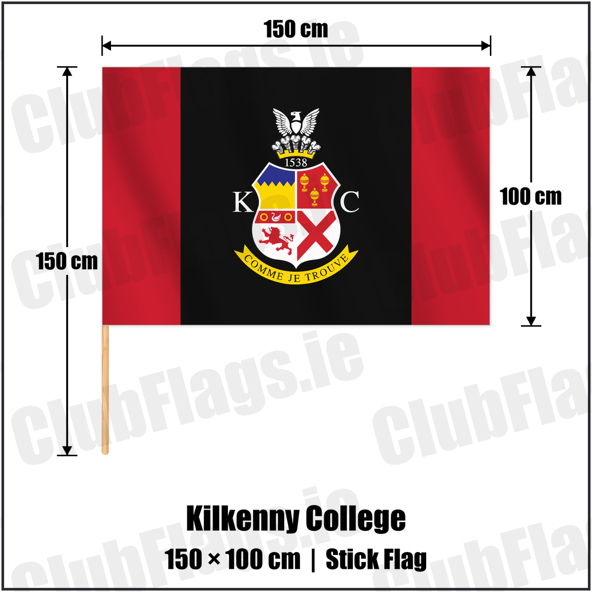 Kilkenny College 100cm x 150cm Stick Flag with the club crest and colours, Kilkenny Rugby - ClubFlags.ie
