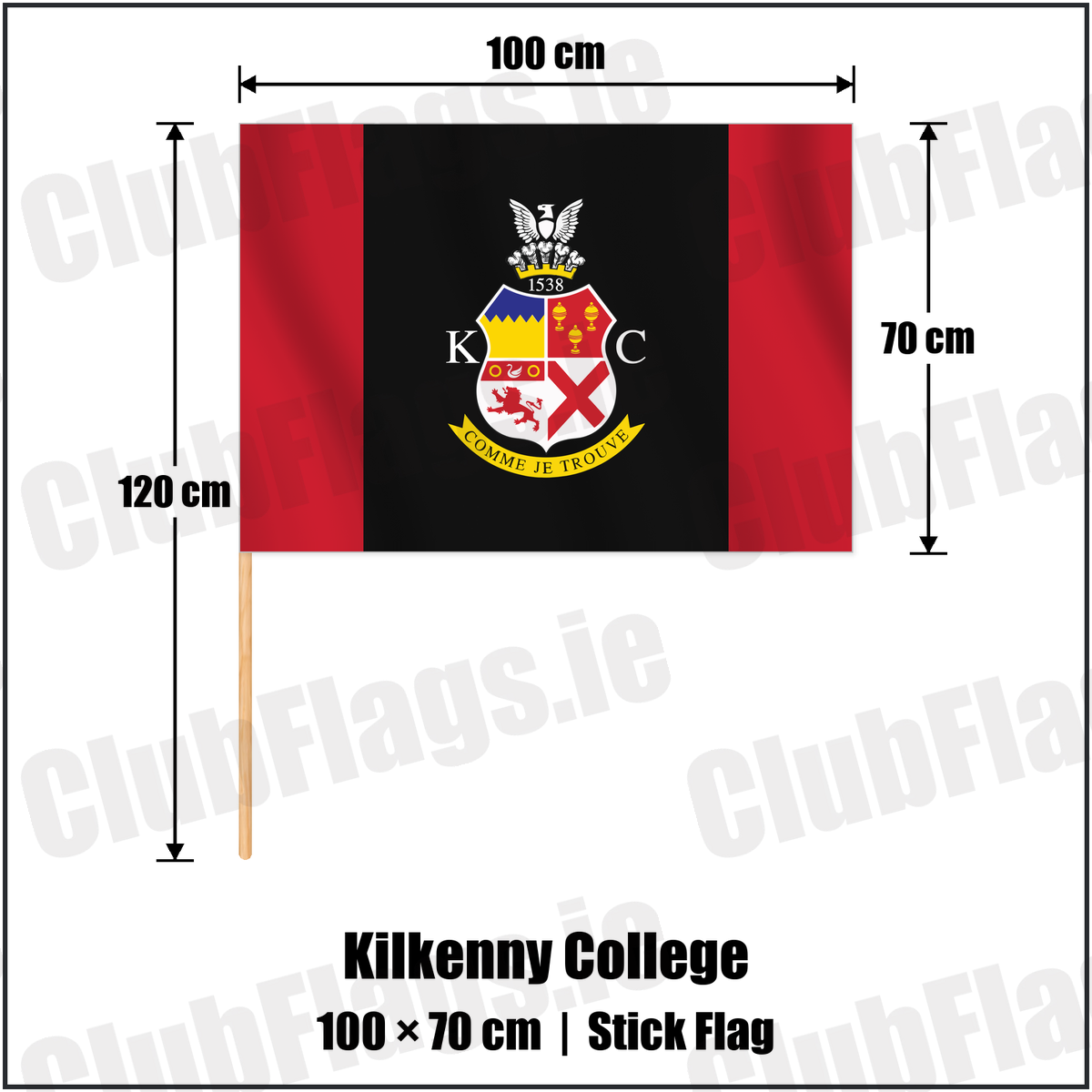 Kilkenny College 70cm x 100cm Stick Flag with the club crest and colours, Kilkenny Rugby - ClubFlags.ie