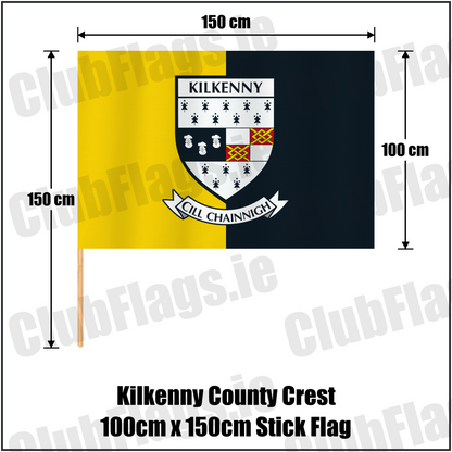 Kilkenny county crest 100 × 150 cm stick flag in yellow and black, with a 150 cm wooden stick and dimension arrows.