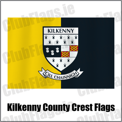 Kilkenny county crest flag in yellow and black, with county name and crest.